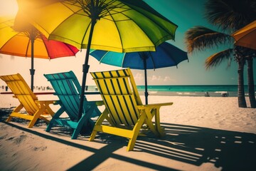 Sunbeds on the beach. Blue sea and white sand. Generative Ai