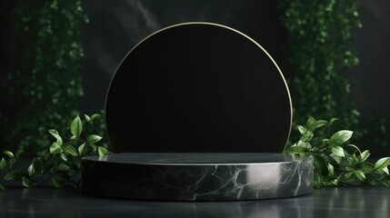 Empty product marble stone podium and forest green leaves on dark background