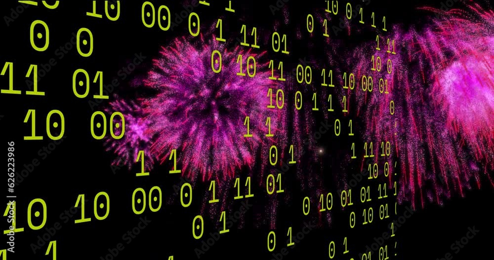 Poster animation of looping binary codes over colorful exploding fireworks against black background