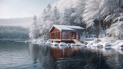 Modern cabin house floating above the lake in winter