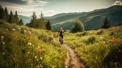 Obraz premium Woman cycling MTB flow trail track. Generative AI