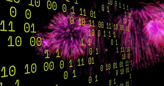 Animation of looping binary codes over colorful exploding fireworks against black background