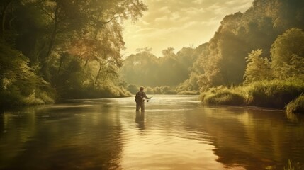 Fototapeta na wymiar Man fly fishing in river on summer day. Generative AI