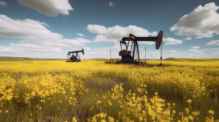 Pumpjack in a canola field