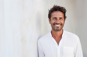 Tanned 40 year old man in white shirt leaning on a white wall.