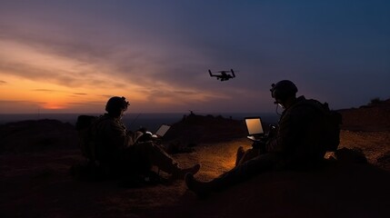 	
Silhouettes of soldiers are using drone and laptop for scouting during military operation. Generative AI	
