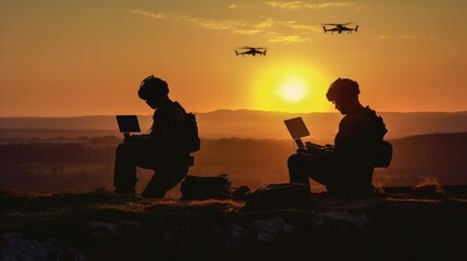Obraz premium Silhouettes of soldiers are using drone and laptop for scouting during military operation. Generative AI 