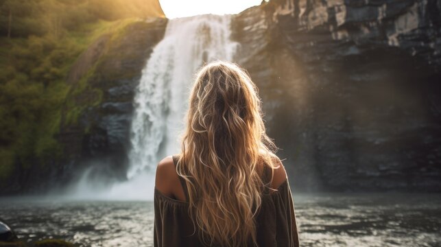Rear view of a young woman in front of a waterfall 