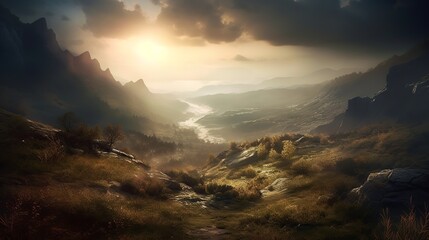 generative ai, mountain, landscape, river, nature, mountains, water, sky, alps, summer, rock, high, valley, stream, green, forest, hiking, travel, peak, clouds, view, panorama, italy, generative ai