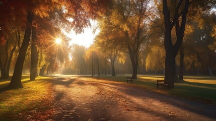 Sunny autumn scenery in a park, with the sun rays of light through the mist and golden trees. Generative AI