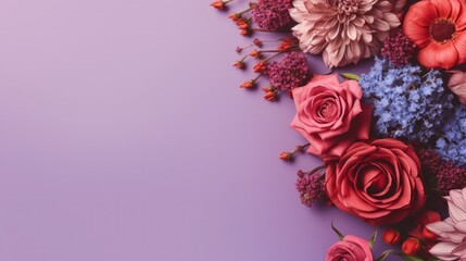 Top view image of red and purple flowers composition with copy space. Generative AI