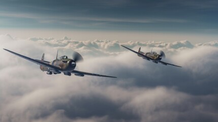 Fototapeta na wymiar Two fighter arplanes in clouds. Generative AI
