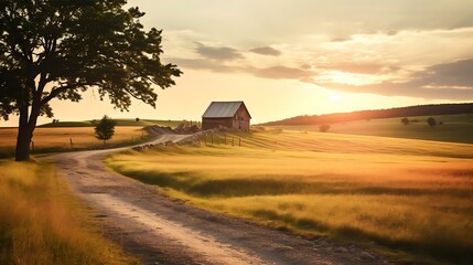 a dirt road leading to a house - obrazy, fototapety, plakaty