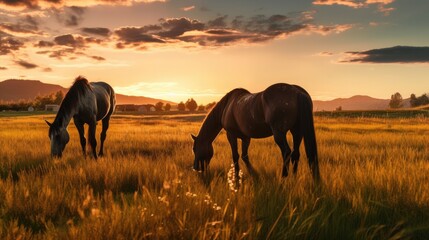 Obraz premium Two horses grazing on pasture during sunset. Generative AI