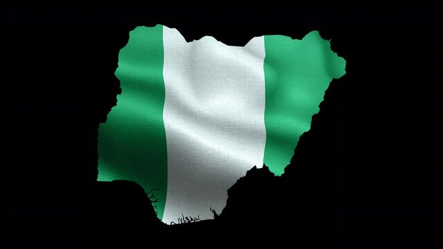 4K waving national flag of Nigeria on the map. Loop alpha channel seamless Nigerian flag on territory. Outline geographic country border of Niger stock video.