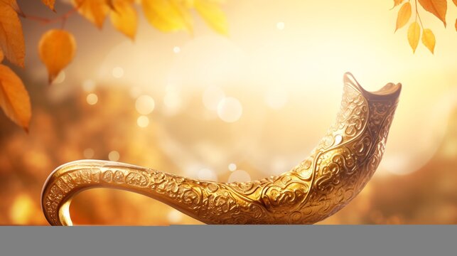 Golden Shofar Horn on Festive Rosh Hashanah Background