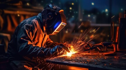 Male welder wearing helmet working with welding torch in factory. Generative AI	
