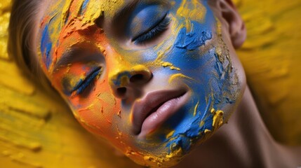 Woman portrait with colorful face powder . Generative AI	
