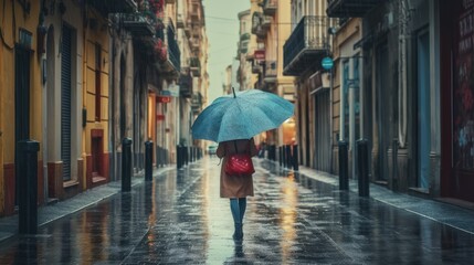 Fototapeta na wymiar Woman with an umbrella walking on an empty city street during rain