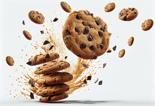 Falling broken chocolate chip cookies isolated on white background,