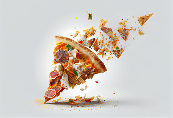delicious pizza and flying ingredients on a white background,