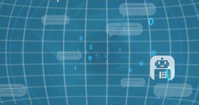Animation of texts, icons over globe and message boxes and binary codes against abstract background