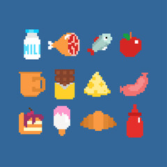 Food icon pixel art set. pixelated food sign. 8 bit Symbol for mobile application