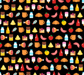 Food pattern seamless. food sign background. Symbol for mobile application. Ketchup and Apple, Croissant and Ice cream. Piece of cake and Chocolate. Cheese and coffee cup, Fish and Milk, Meat on bone - 626225717