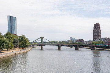 Fototapeta na wymiar Skyline with bridges, river Main and financial district in Frankfurt