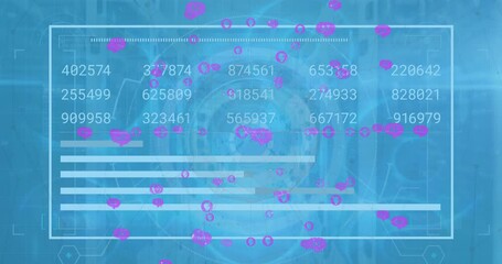 Animation of loading bars and changing number over icons globe against circles in background