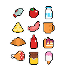 Food icon pixel art set. pixelated food sign. 8 bit Symbol for mobile application - 626225793