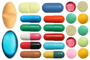 Set of different pills isolated on white