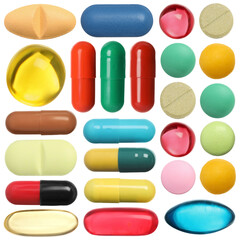 Set of different pills isolated on white