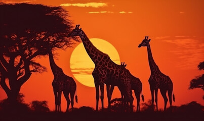 Fototapeta na wymiar silhouette nature sunset wildlife elephant animal africa wild giraffe safari. Generative AI.