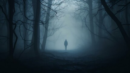 Obraz premium a person walking in a foggy forest