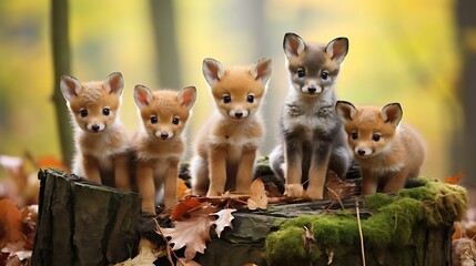 a group of foxes on a log