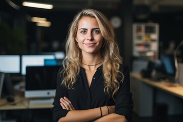 Confident young woman in a modern office. AI generated