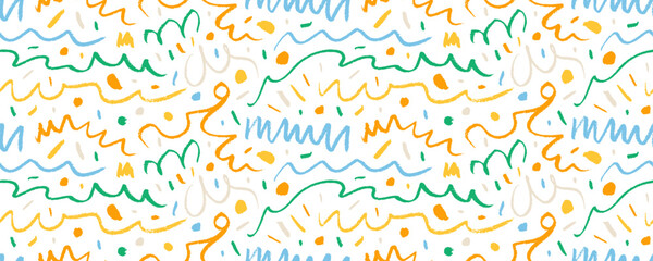 Fun colorful squiggle line doodle seamless banner. Childish multi colored charcoal or crayon drawing. Creative abstract squiggle drawing pattern for kids. Scribble wallpaper with curved lines and dots