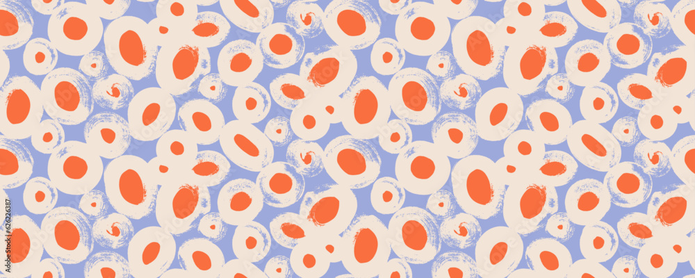 Poster seamless pattern with red grunge dots and blue background. hand drawn round doodle shapes in grunge 