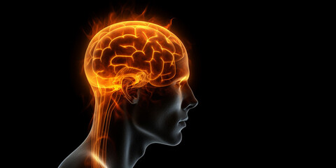 Obraz premium Illustration of a Glass Head with a Brain in Flames as a Symbol of Migraine or Headache AI generated