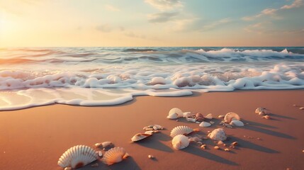 a beach with many shells on it - obrazy, fototapety, plakaty