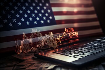 American flag and stock market chart representing the economic capitalism in the USA. Finance concept. Generative AI Technology