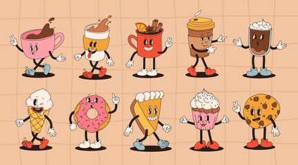 Collection cute cartoon characters of coffee takeaway and pastries donut, chocolate chip cookie, ice cream and cupcake. Vector illustration. Isolated desserts food and drink in retro nostalgic style