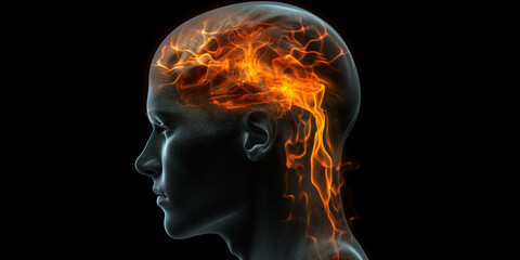 Illustration of a Glass Head with a Brain in Flames as a Symbol of Migraine or Headache AI generated
