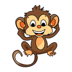 Cute little monkey cartoon on white background, forest animal watercolor illustration