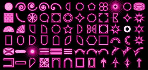 Neon geometric shapes, grids, abstract elements. Contemporary star formation, spiral flower, primitive components. Embracing the aesthetics of Swiss design, Bauhaus, Memphis design. SSTKbold.