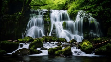 Fototapeta na wymiar a waterfall with mossy rocks