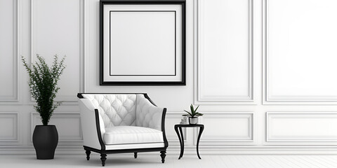 Classic White Interior with Gray Armchair, Coffee Table, Flowers, and Wall Moldings