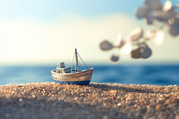 Fototapeta na wymiar Miniature Toy Boat at a Beach with Crystal Clear Water of the Sea AI generated