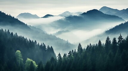a forest of trees in the mountains - obrazy, fototapety, plakaty